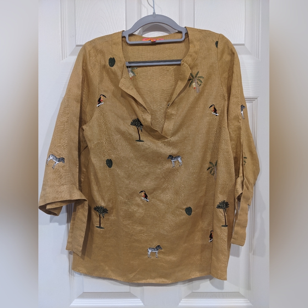 Vilagallo Linen Pullover V-Neck Embroidered Tropical Print Top Size 46